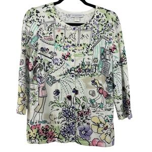 Christopher & Banks Garden Scene Cardigan Sweater Size S 3/4 Sleeve Embellished